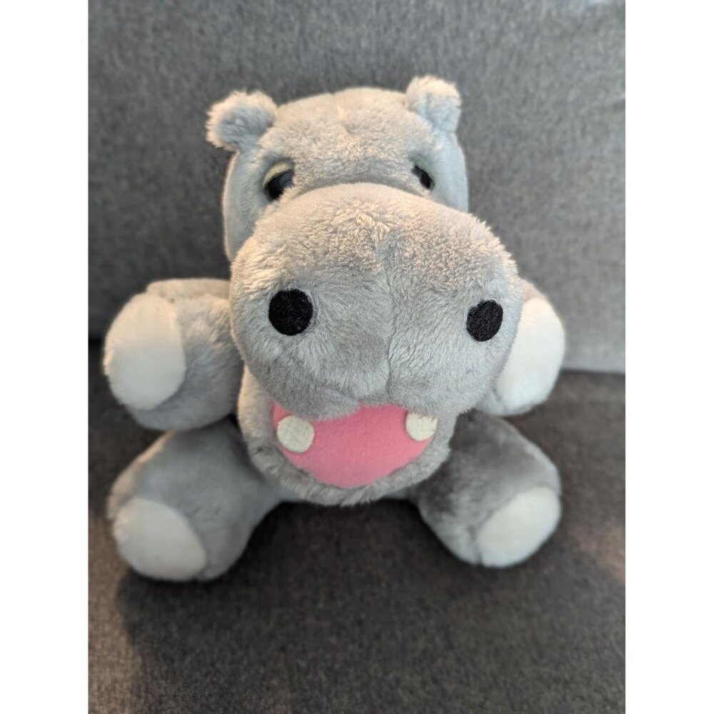 R. Dakin 1976 Soft Plush Gray Hippo Toy With Pink Mouth & White Paw Accents